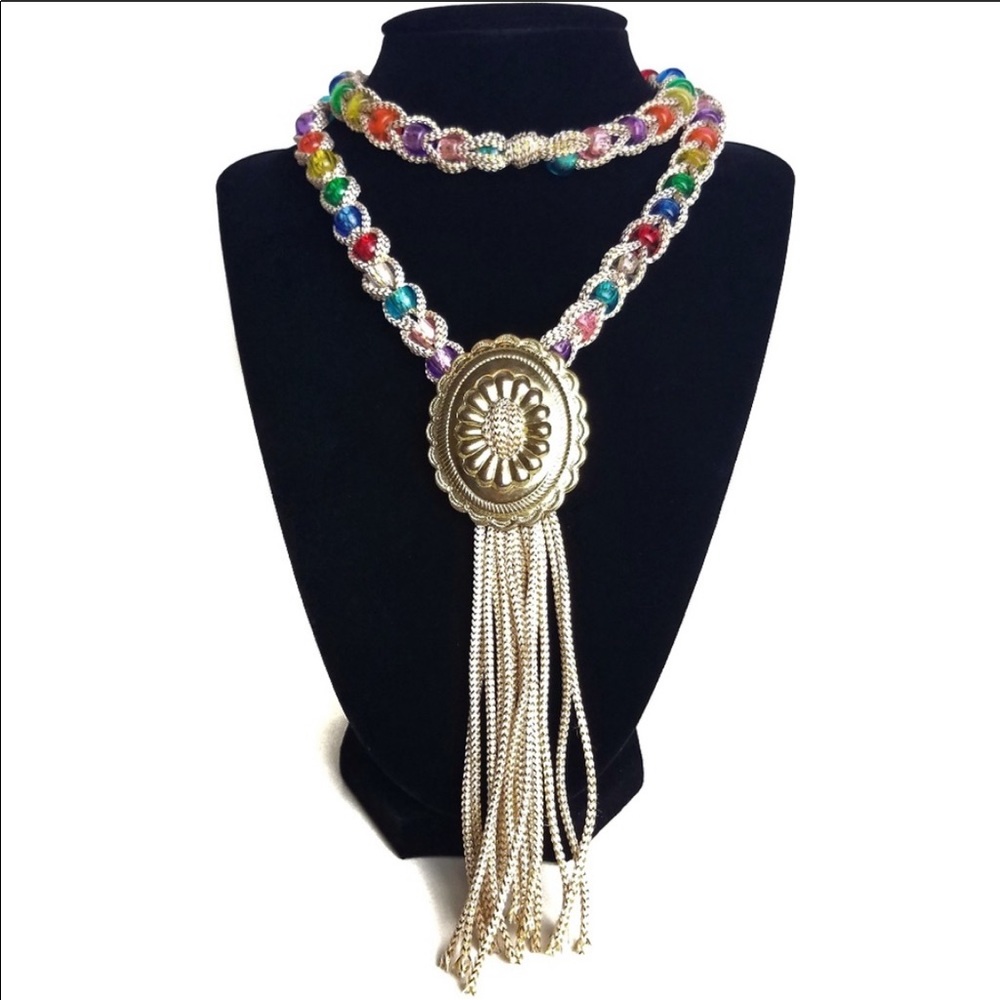 🌈🤠Vintage Rainbow Beaded Bolo Necklace 🌈🤠